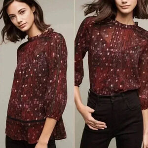 HD in Paris Anthropologie Sheer Long Sleeve Blouse Metallic Lace